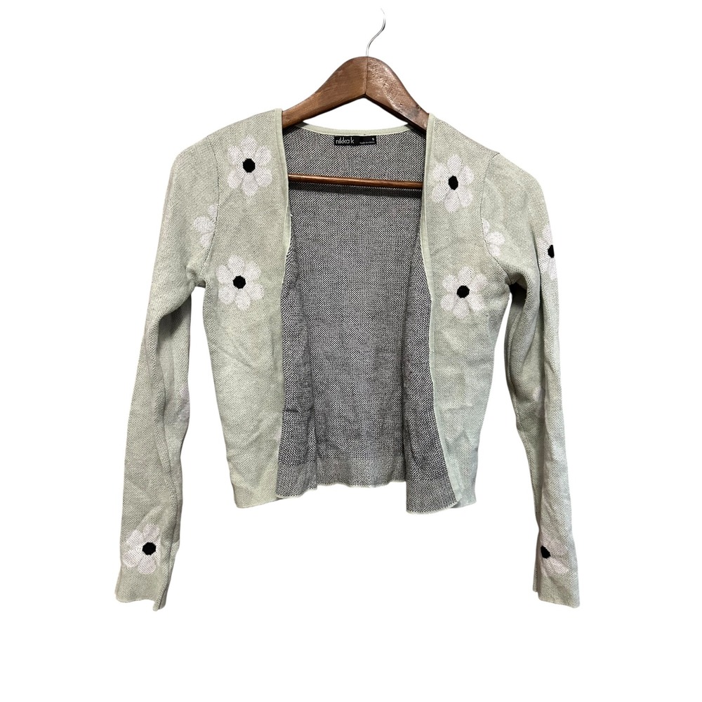 Nikka K Floral Cardigan Sweater Women's Small Green Daisy Knit Cotton Blend